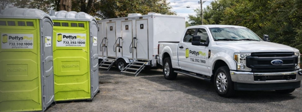 Pottys Plus fleet — portable toilets and service truck in New Jersey